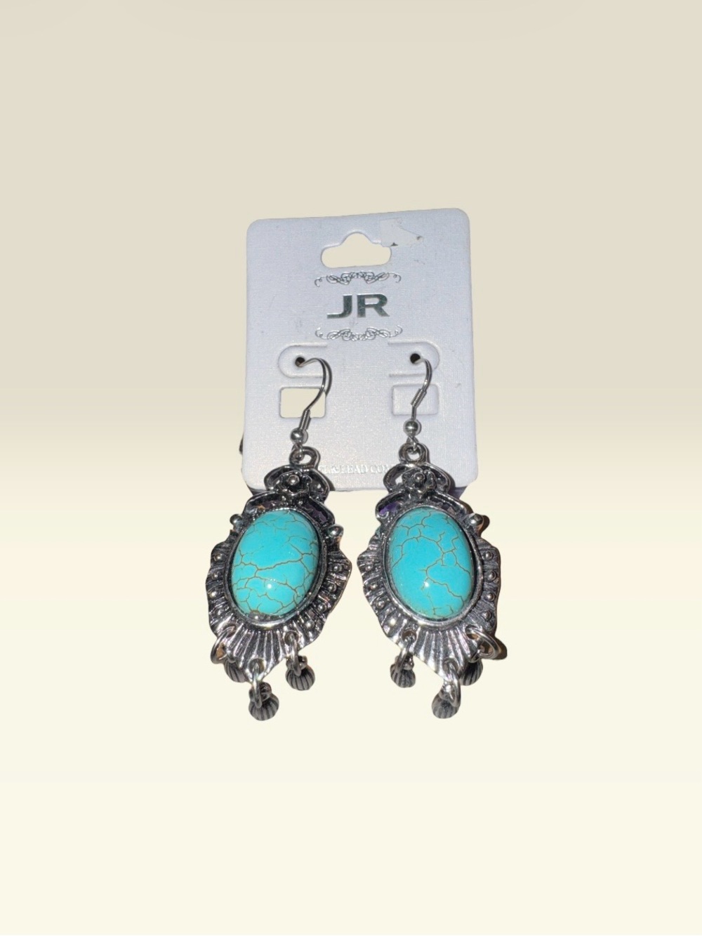 JR Turquoise Tone Southwestern Silver Dangle Earrings New on Card